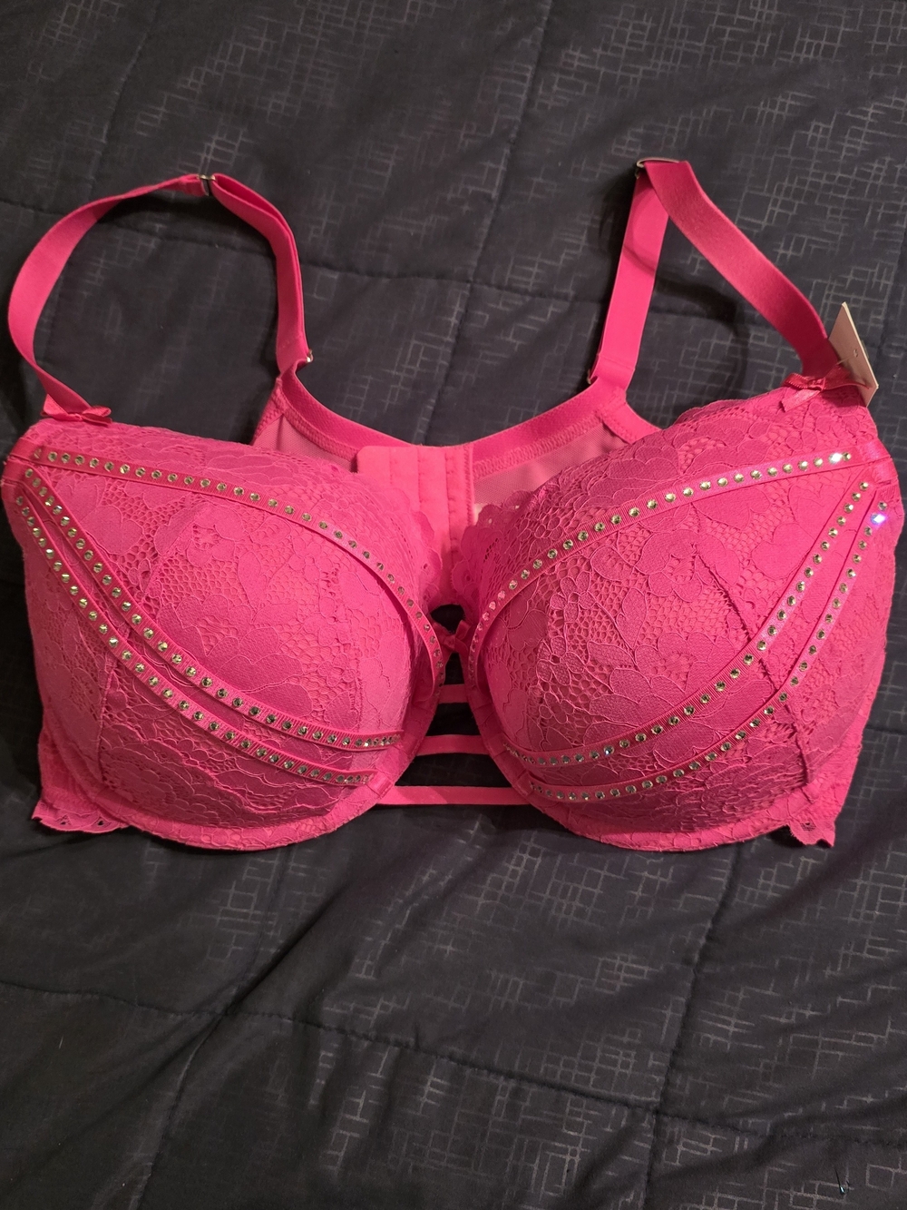 Hot Pink Lace Underwire Bra with Rhinestone Trim